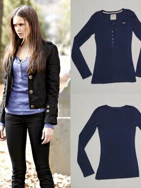 Elena Gilbert Vampire Diaries Vintage Y2K Hollister Navy Blue Button V-neck Top